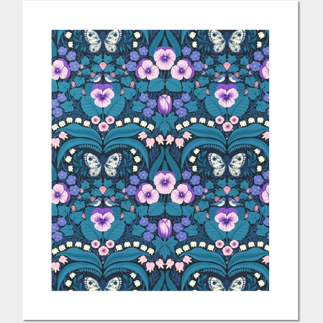 Dollhouse garden, pansies, birds and butterflies Wall Art by katerinamk